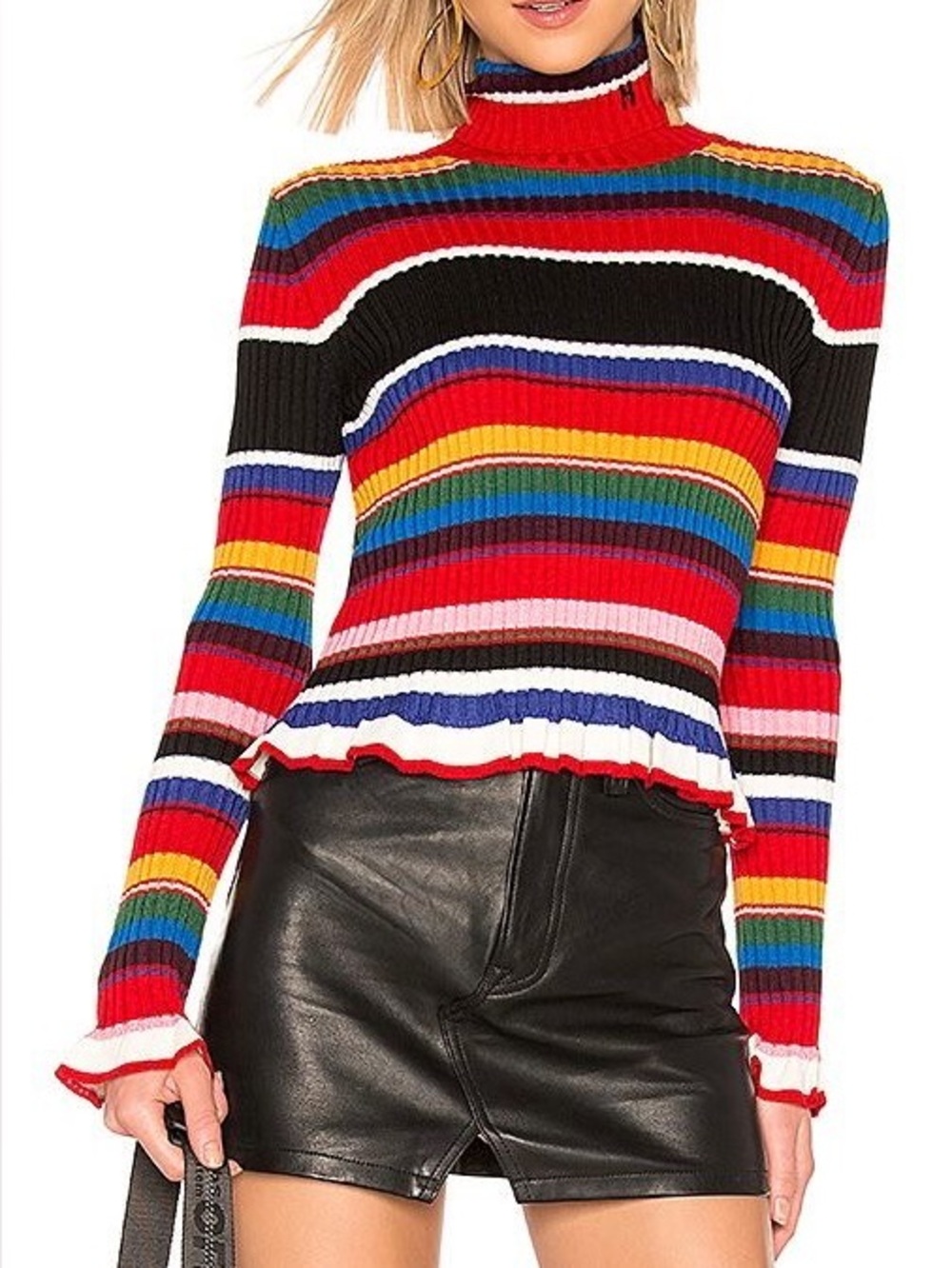 MSGM Striped Ribbed Wool-Blend Turtleneck Sweater — Fits Like S